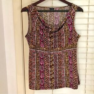 Rafaella Blouse Women's Size MP Brown Multi Sleeveless‎ Front Cowl Neck Stretch